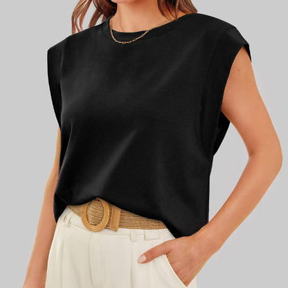 🔥Sommer-Rabatt 🩷 Solid Color Round Neck Cap Sleeve Top