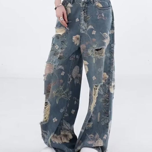 🔥2025 Heißer Verkauf🔥 Damen lockere zerrissene Jeans mit weitem Bein