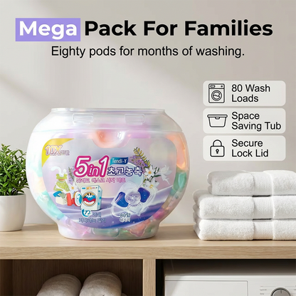 🌸🧺 5-in-1 Waschmittelkapseln mit weißem Moschus – entfernt Flecken & schont Fasern ✨💧 80 Stück, langanhaltend frisch, ideal für Haushalt & Reise.